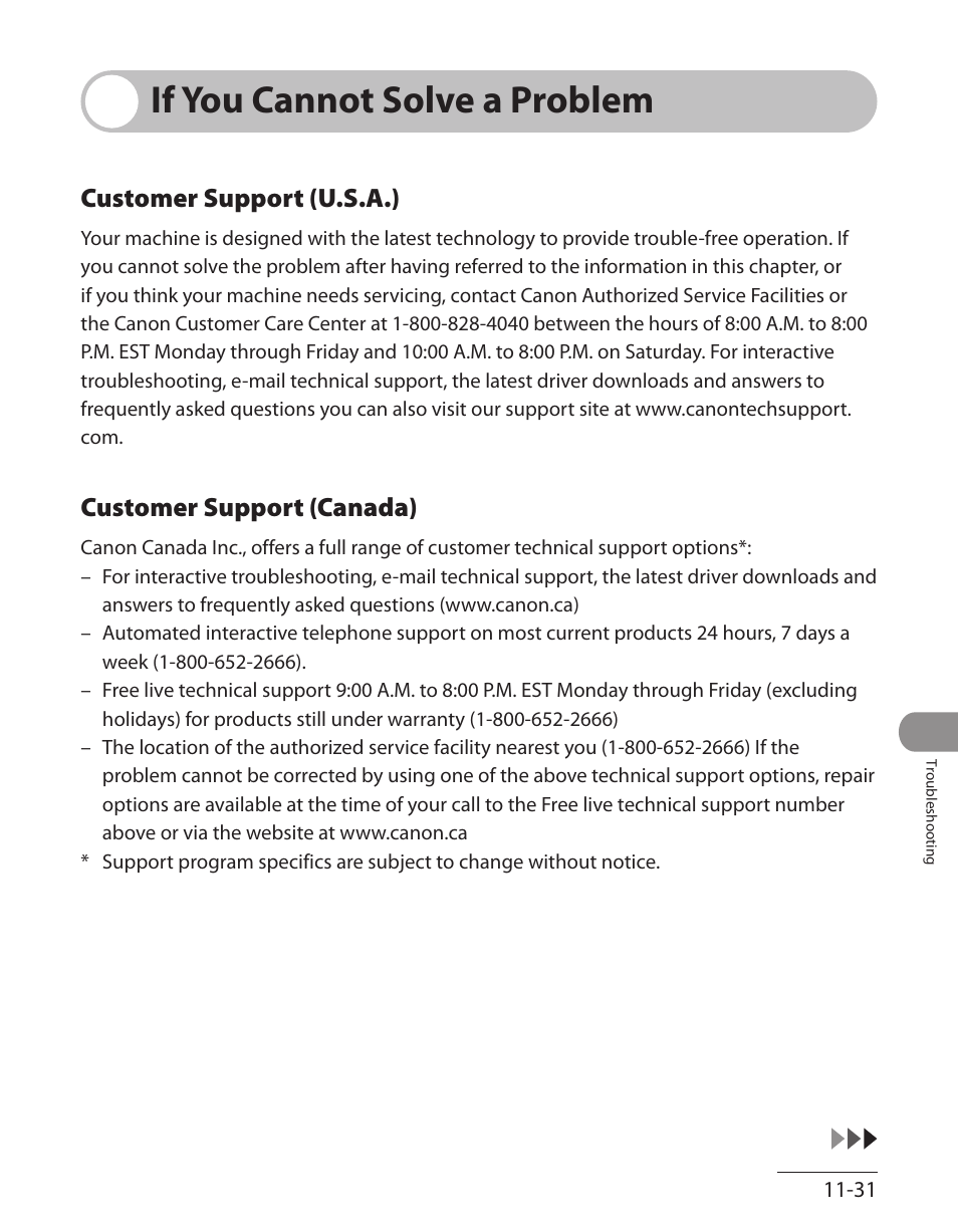 If you cannot solve a problem, Customer support (u.s.a.), Customer support (canada) | If you cannot solve a problem -31, Customer support (u.s.a.) ‑31, Customer support (canada) ‑31 | Canon ImageCLASS MF7480 User Manual | Page 328 / 388