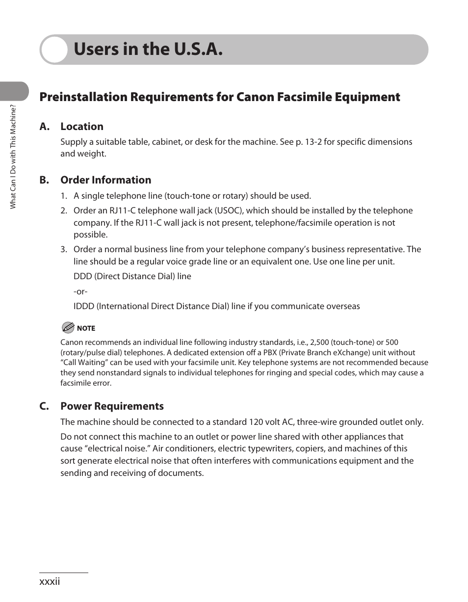 Users in the u.s.a, Preinstallation requirements for canon facsimile | Canon ImageCLASS MF7480 User Manual | Page 33 / 388