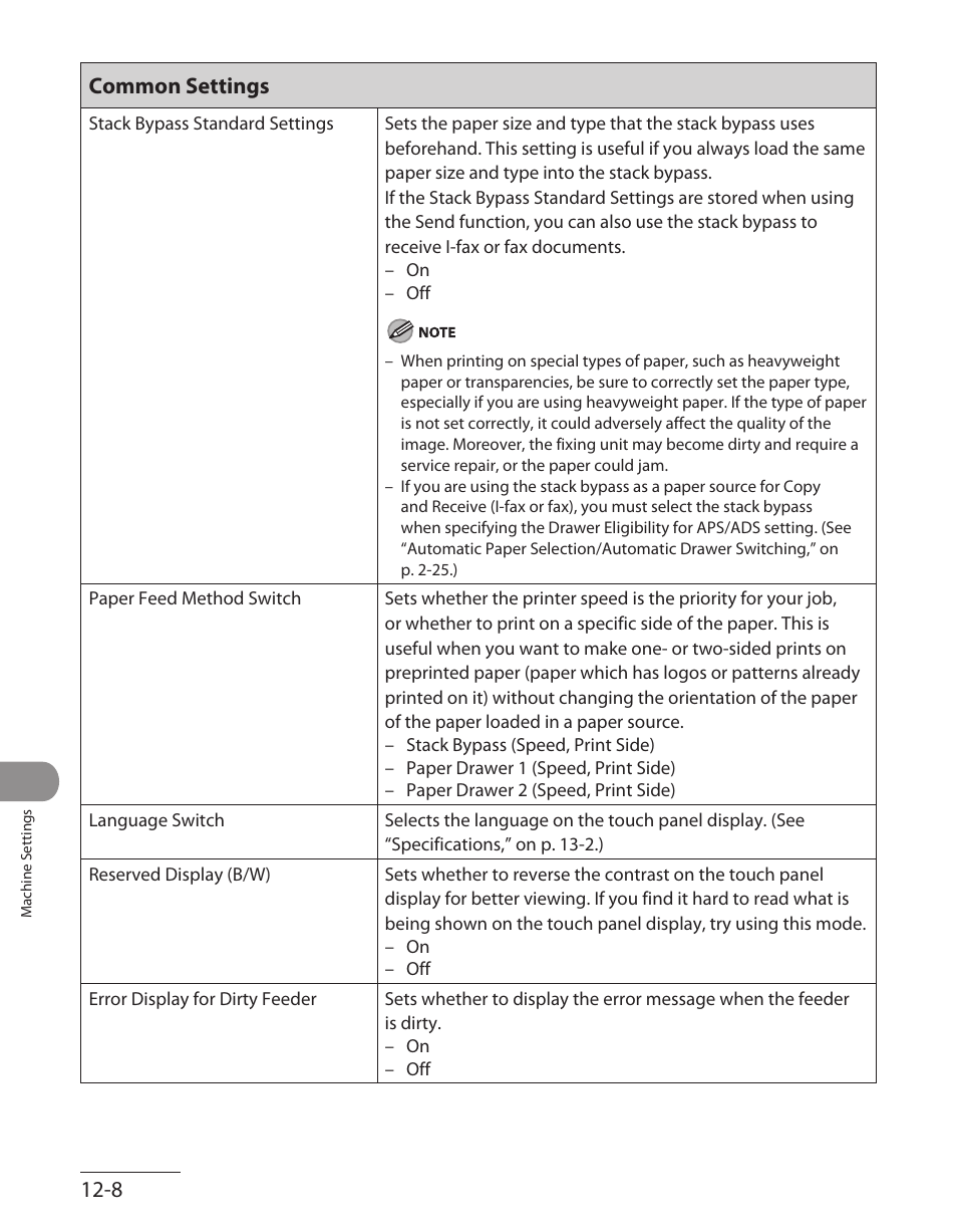 Stack bypass standard settings,” on p. 12‑8, 12‑8 common settings | Canon ImageCLASS MF7480 User Manual | Page 337 / 388