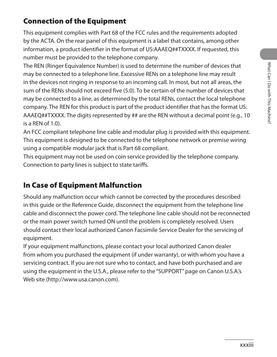 Connection of the equipment, In case of equipment malfunction | Canon ImageCLASS MF7480 User Manual | Page 34 / 388