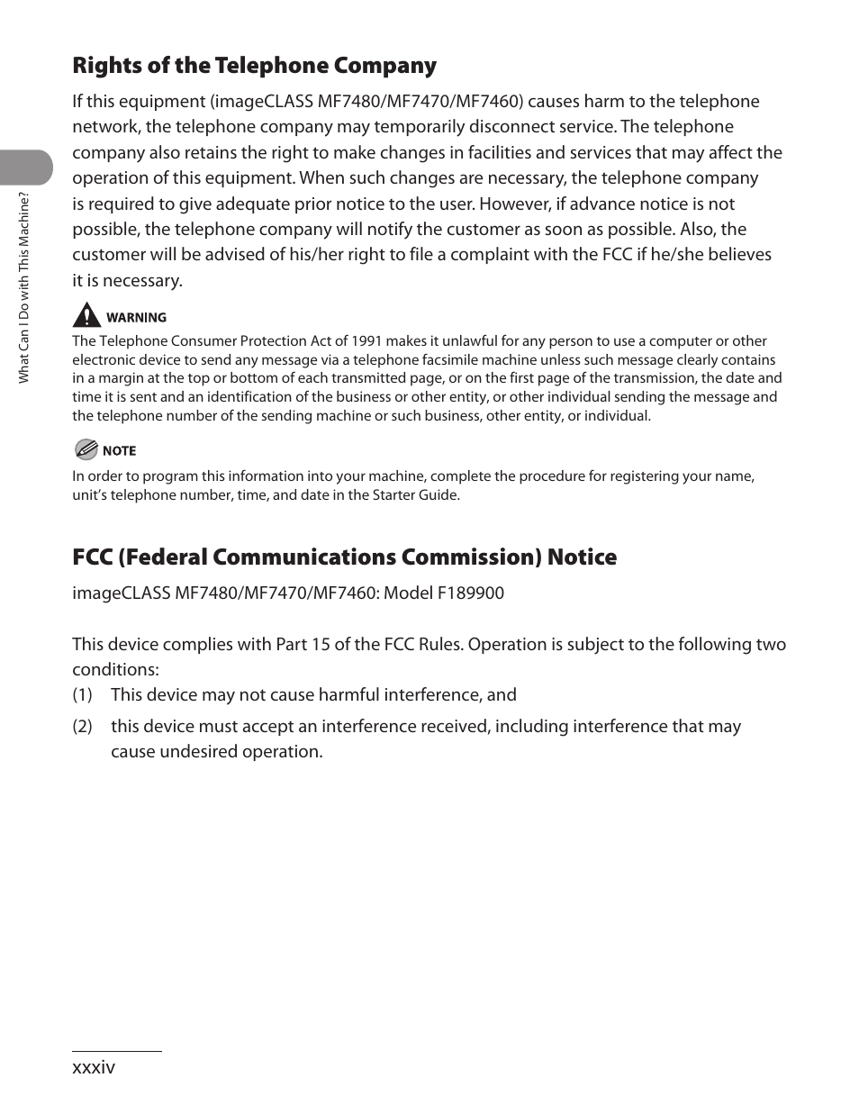 Rights of the telephone company, Fcc (federal communications commission) notice | Canon ImageCLASS MF7480 User Manual | Page 35 / 388