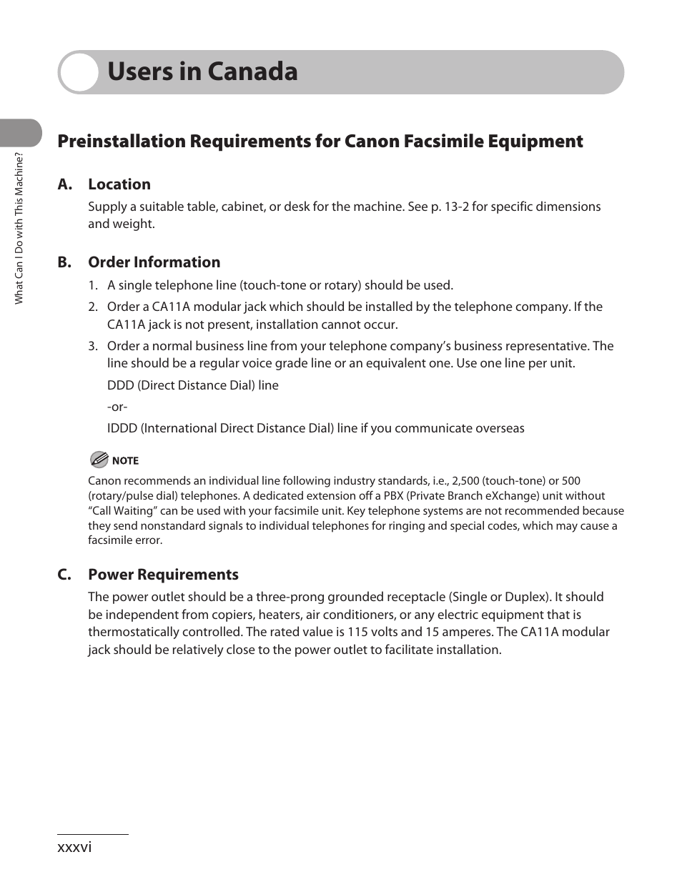 Users in canada, Preinstallation requirements for canon facsimile | Canon ImageCLASS MF7480 User Manual | Page 37 / 388