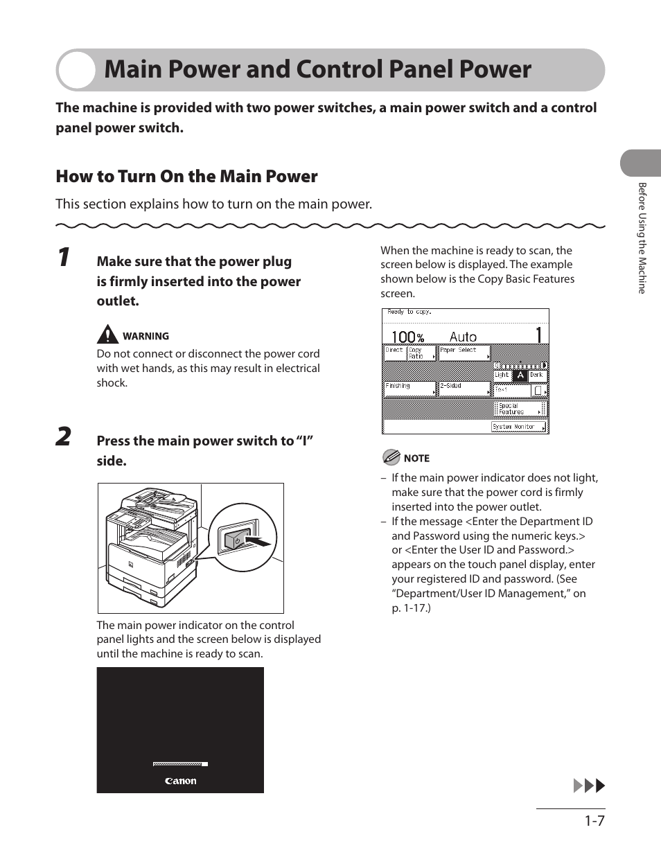 Main power and control panel power, How to turn on the main power, Main power and control panel power -7 | How to turn on the main power ‑7 | Canon ImageCLASS MF7480 User Manual | Page 48 / 388