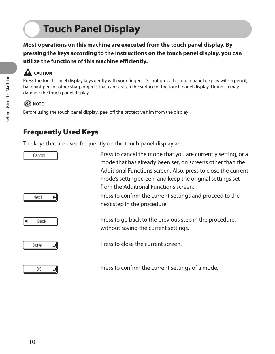 Touch panel display, Frequently used keys, Touch panel display -10 | Frequently used keys ‑10 | Canon ImageCLASS MF7480 User Manual | Page 51 / 388