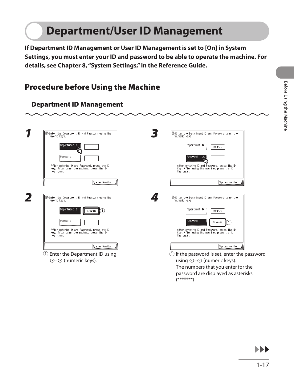 Department/user id management, Procedure before using the machine, Department/user id management -17 | Procedure before using the machine ‑17 | Canon ImageCLASS MF7480 User Manual | Page 58 / 388