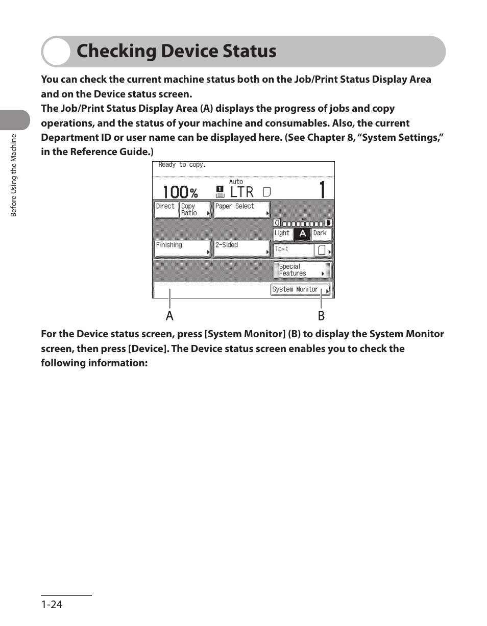Checking device status, Checking device status -24 | Canon ImageCLASS MF7480 User Manual | Page 65 / 388