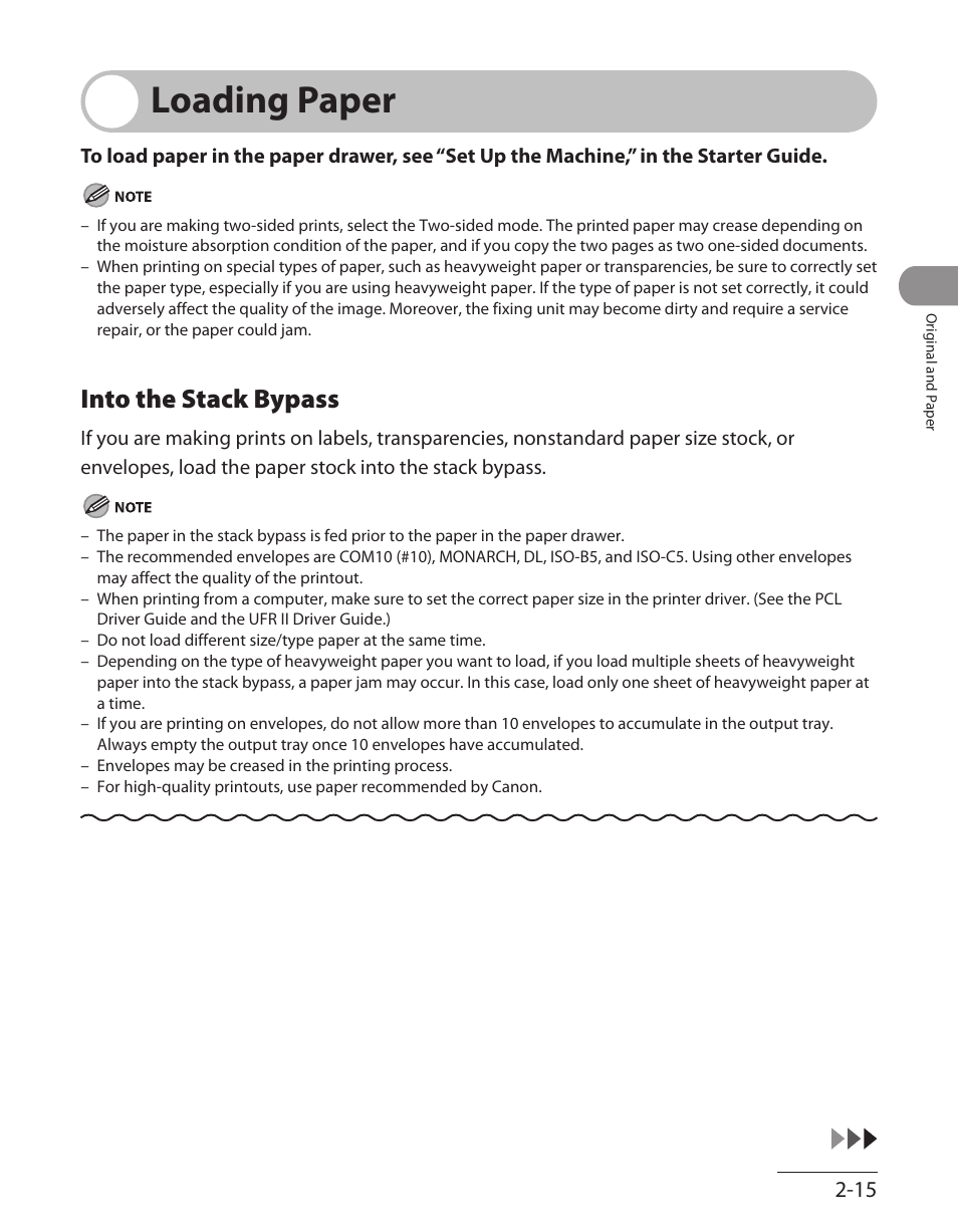 Loading paper, Into the stack bypass, Loading paper -15 | Into the stack bypass ‑15 | Canon ImageCLASS MF7480 User Manual | Page 82 / 388