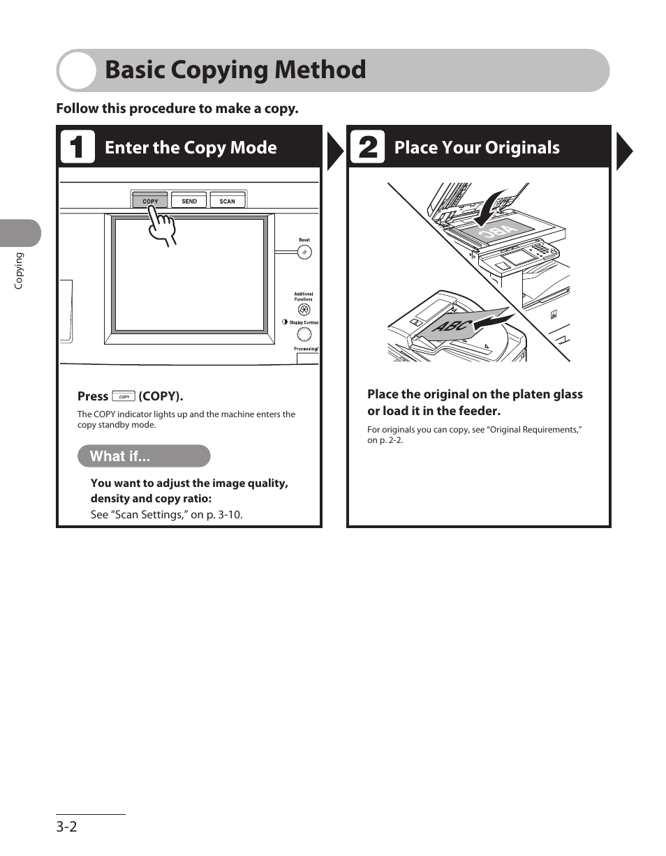 Basic copying method, Basic copying method -2, Enter the copy mode place your originals | Canon ImageCLASS MF7480 User Manual | Page 99 / 388