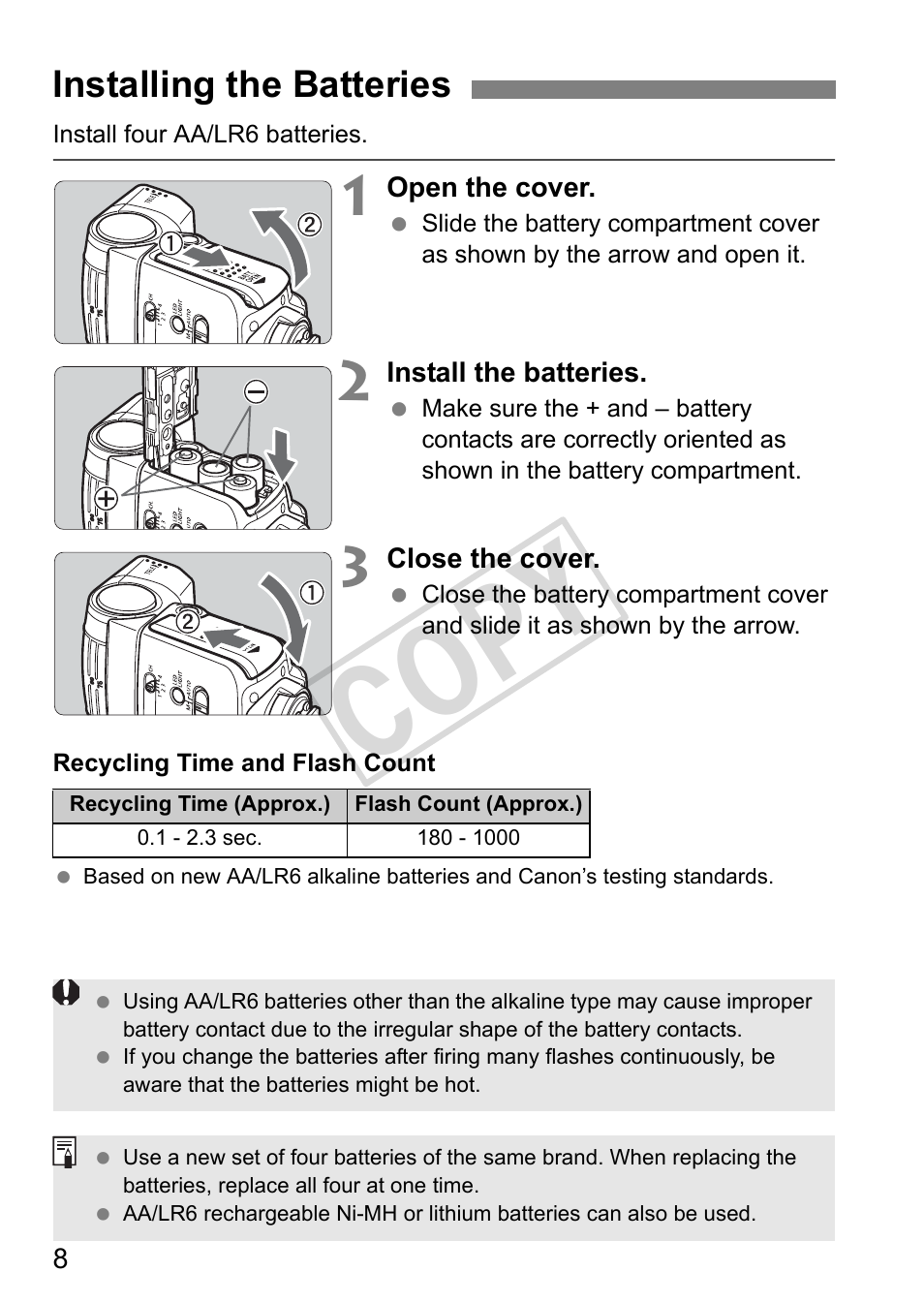 Cop y, Installing the batteries | Canon Speedlite 320EX User Manual | Page 10 / 148