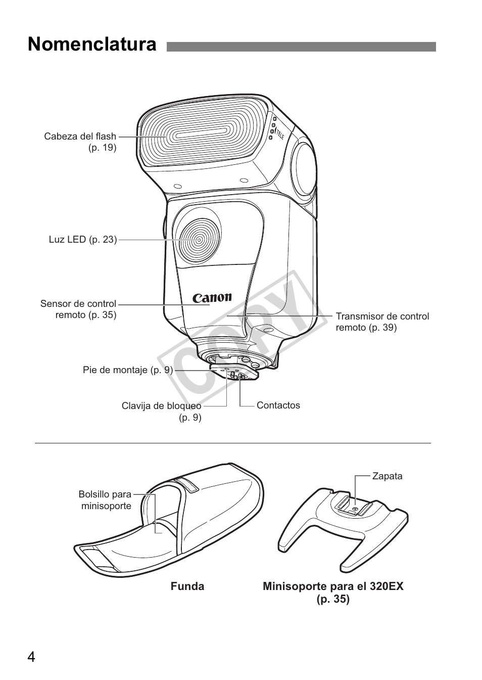 Cop y, Nomenclatura | Canon Speedlite 320EX User Manual | Page 102 / 148