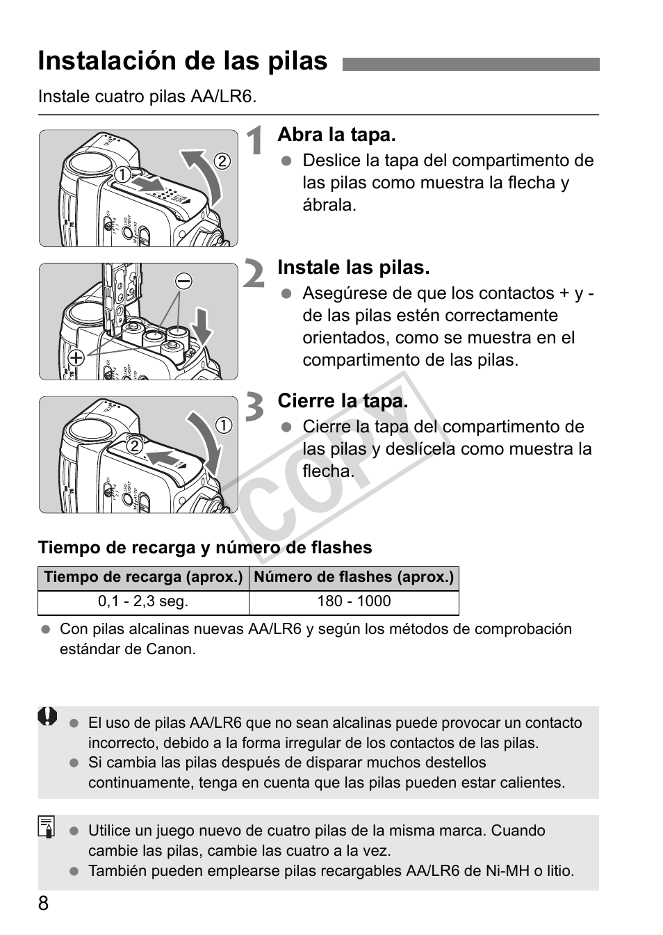 Cop y, Instalación de las pilas | Canon Speedlite 320EX User Manual | Page 106 / 148