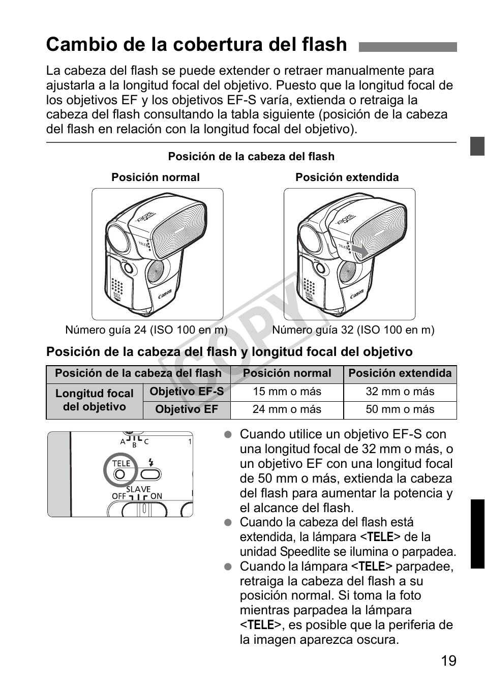 Cop y, Cambio de la cobertura del flash | Canon Speedlite 320EX User Manual | Page 117 / 148