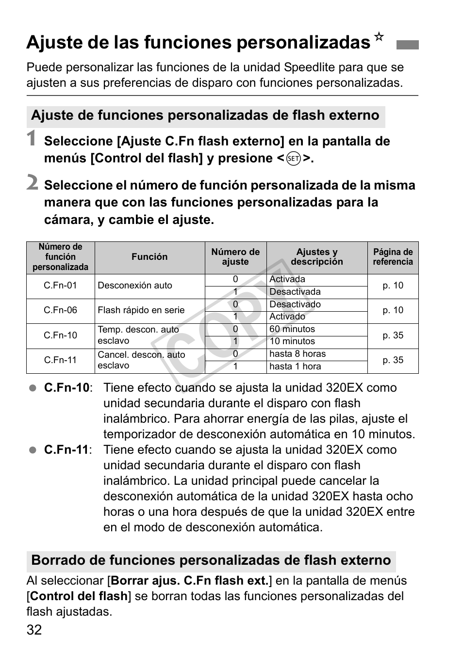 Cop y, Ajuste de las funciones personalizadas n | Canon Speedlite 320EX User Manual | Page 130 / 148