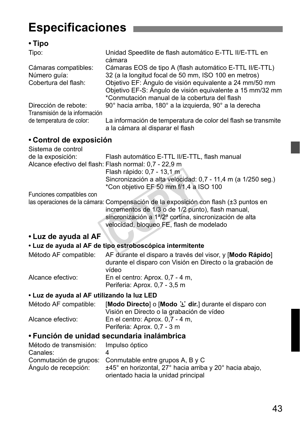 Cop y, Especificaciones | Canon Speedlite 320EX User Manual | Page 141 / 148