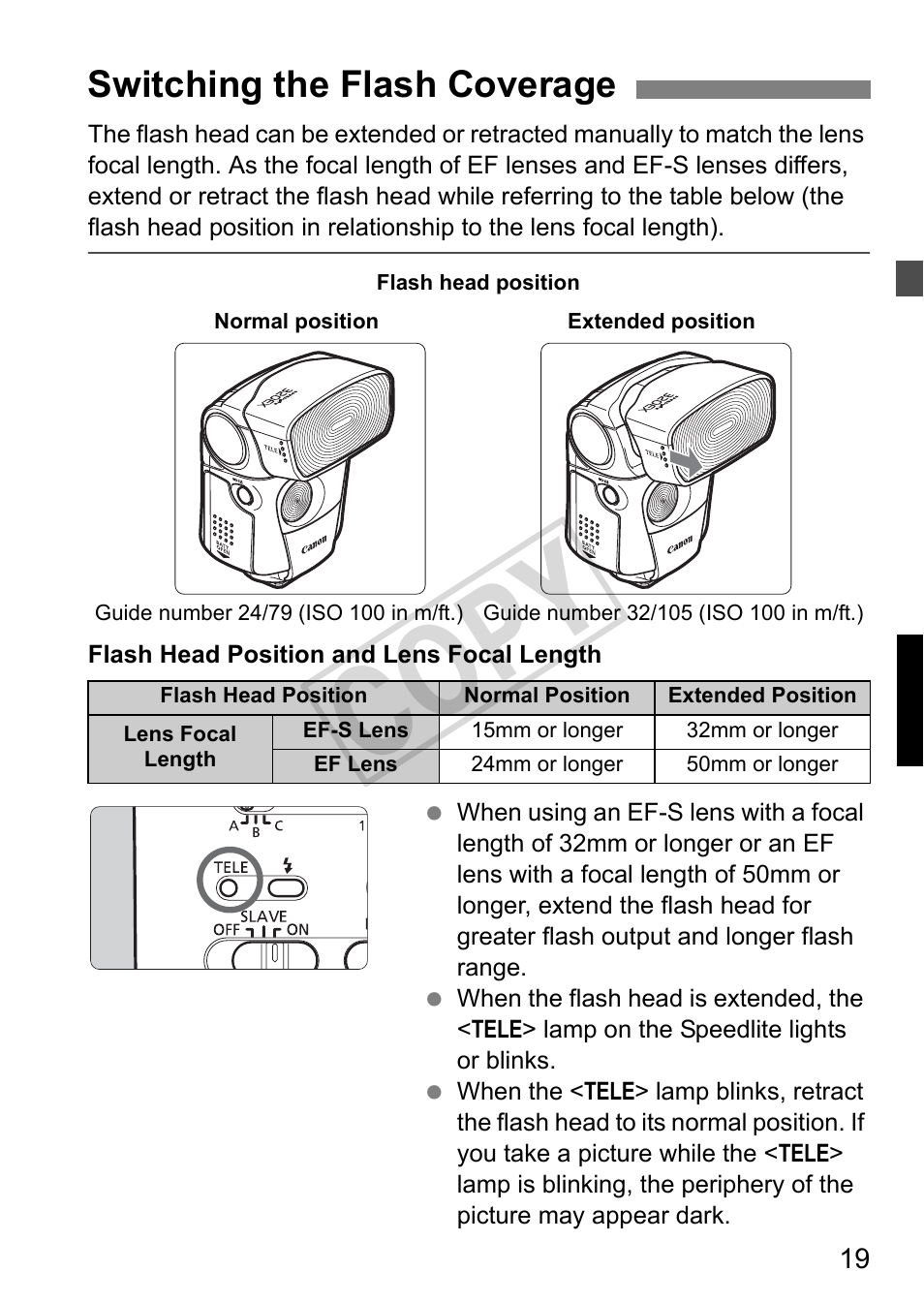 Cop y, Switching the flash coverage | Canon Speedlite 320EX User Manual | Page 21 / 148