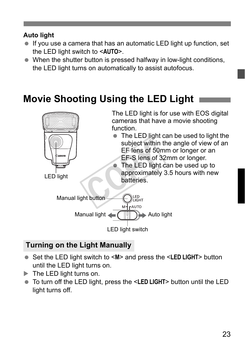 Cop y, Movie shooting using the led light | Canon Speedlite 320EX User Manual | Page 25 / 148