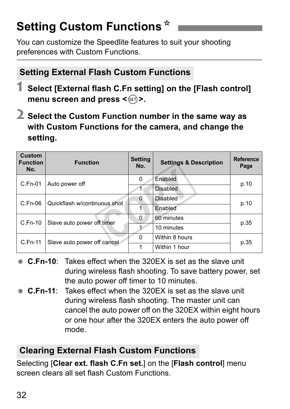 Cop y, Setting custom functions n | Canon Speedlite 320EX User Manual | Page 34 / 148