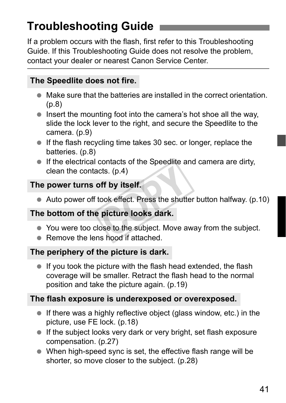 Cop y, Troubleshooting guide | Canon Speedlite 320EX User Manual | Page 43 / 148