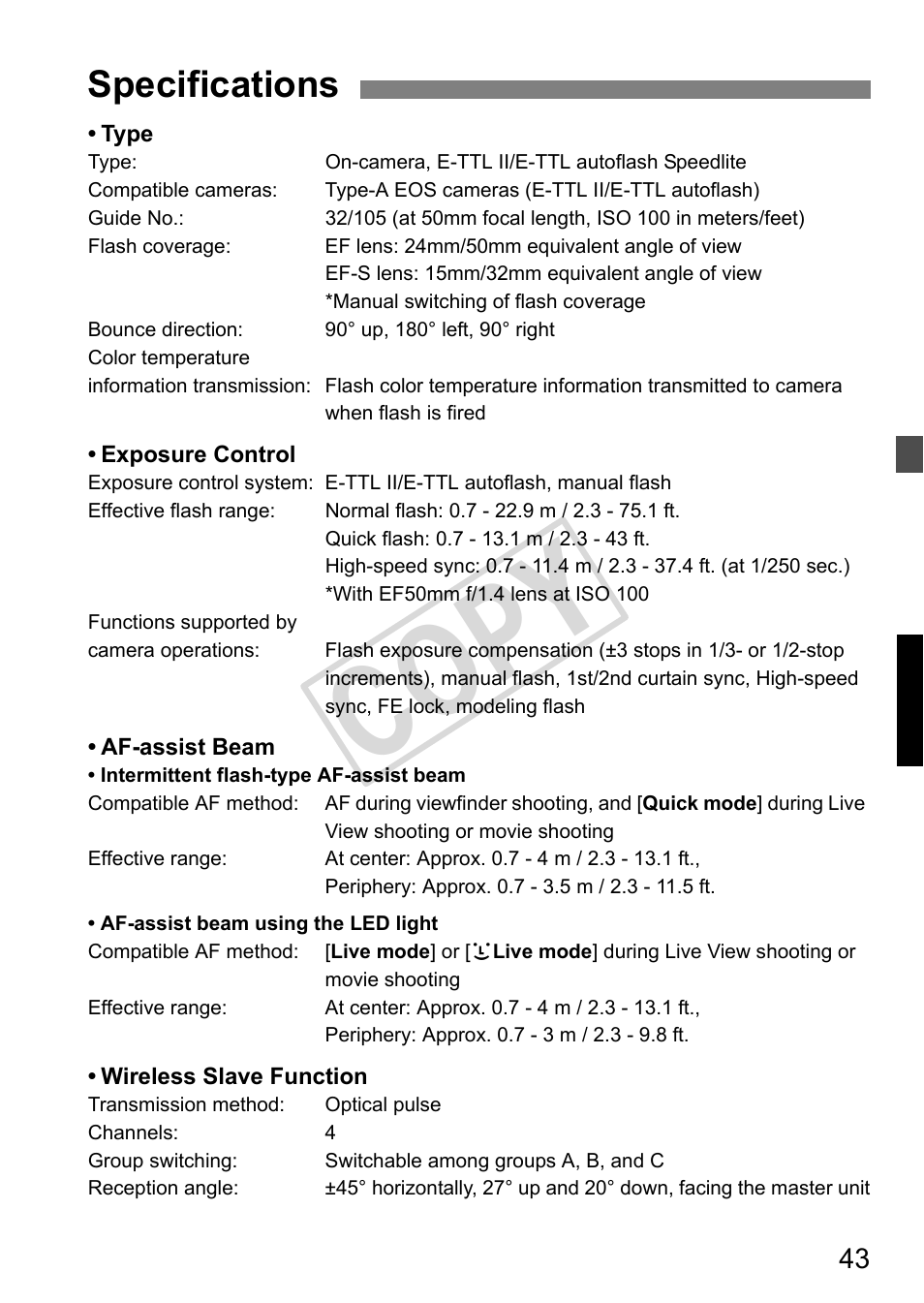 Cop y, Specifications | Canon Speedlite 320EX User Manual | Page 45 / 148