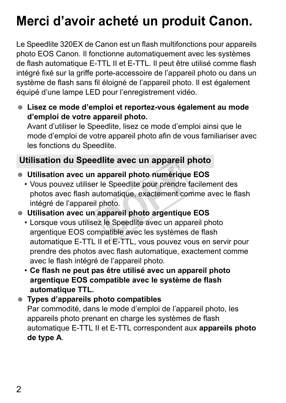 Cop y, Merci d’avoir acheté un produit canon | Canon Speedlite 320EX User Manual | Page 52 / 148