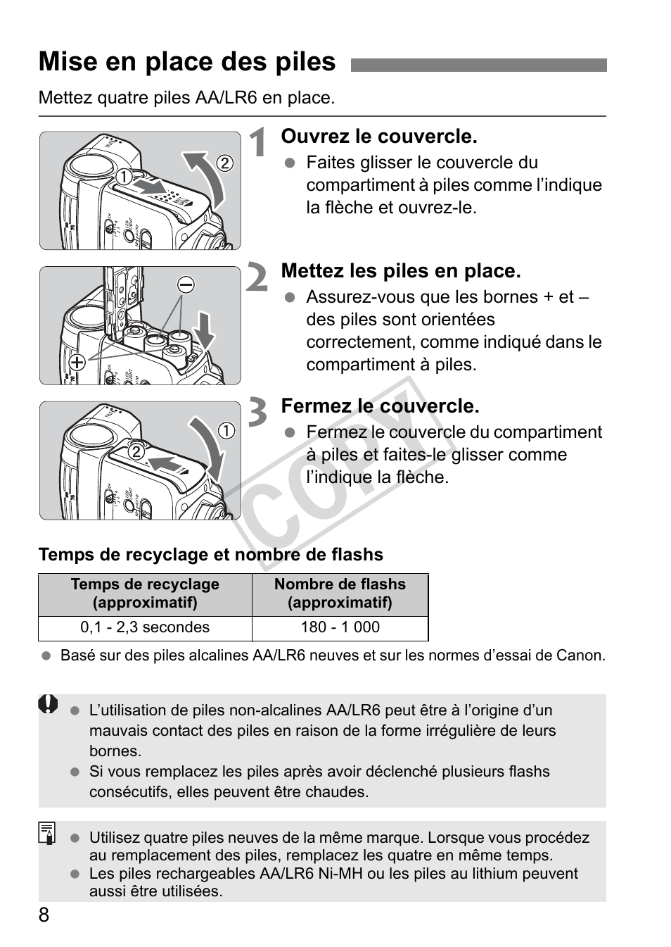 Cop y, Mise en place des piles | Canon Speedlite 320EX User Manual | Page 58 / 148