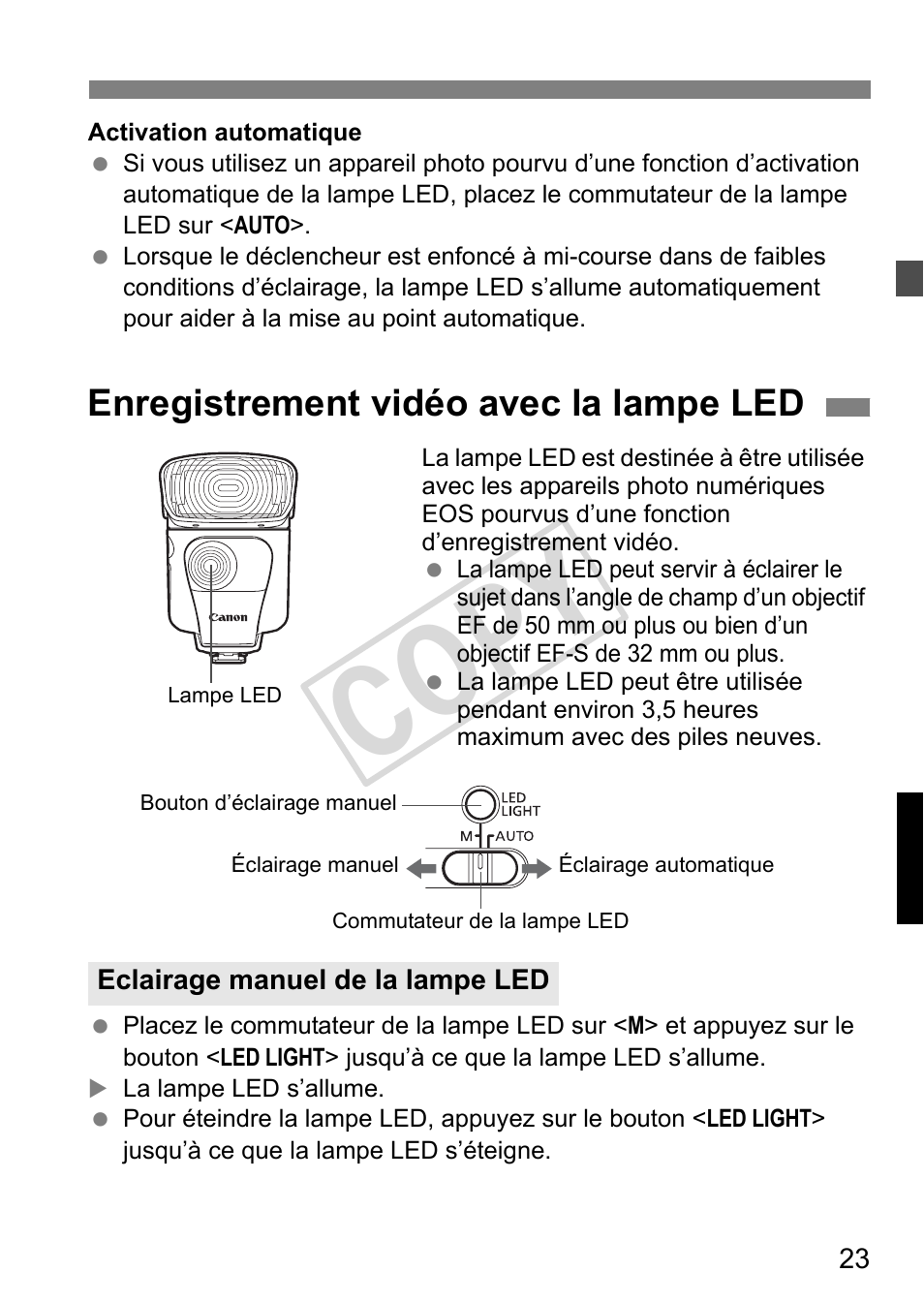 Cop y, Enregistrement vidéo avec la lampe led | Canon Speedlite 320EX User Manual | Page 73 / 148