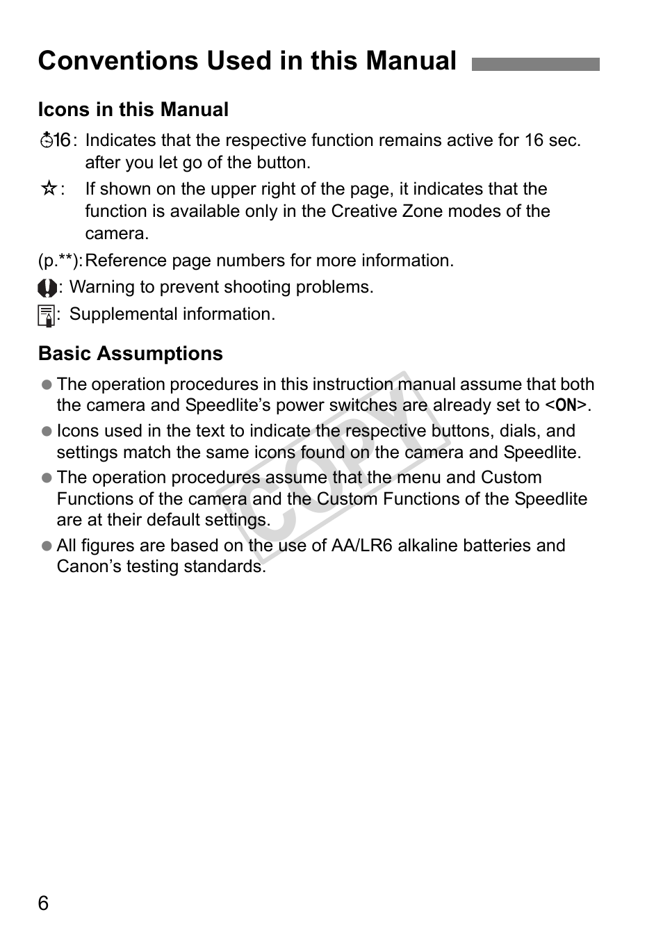 Cop y, Conventions used in this manual | Canon Speedlite 320EX User Manual | Page 8 / 148