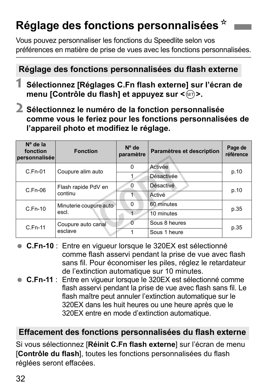 Cop y, Réglage des fonctions personnalisées n | Canon Speedlite 320EX User Manual | Page 82 / 148