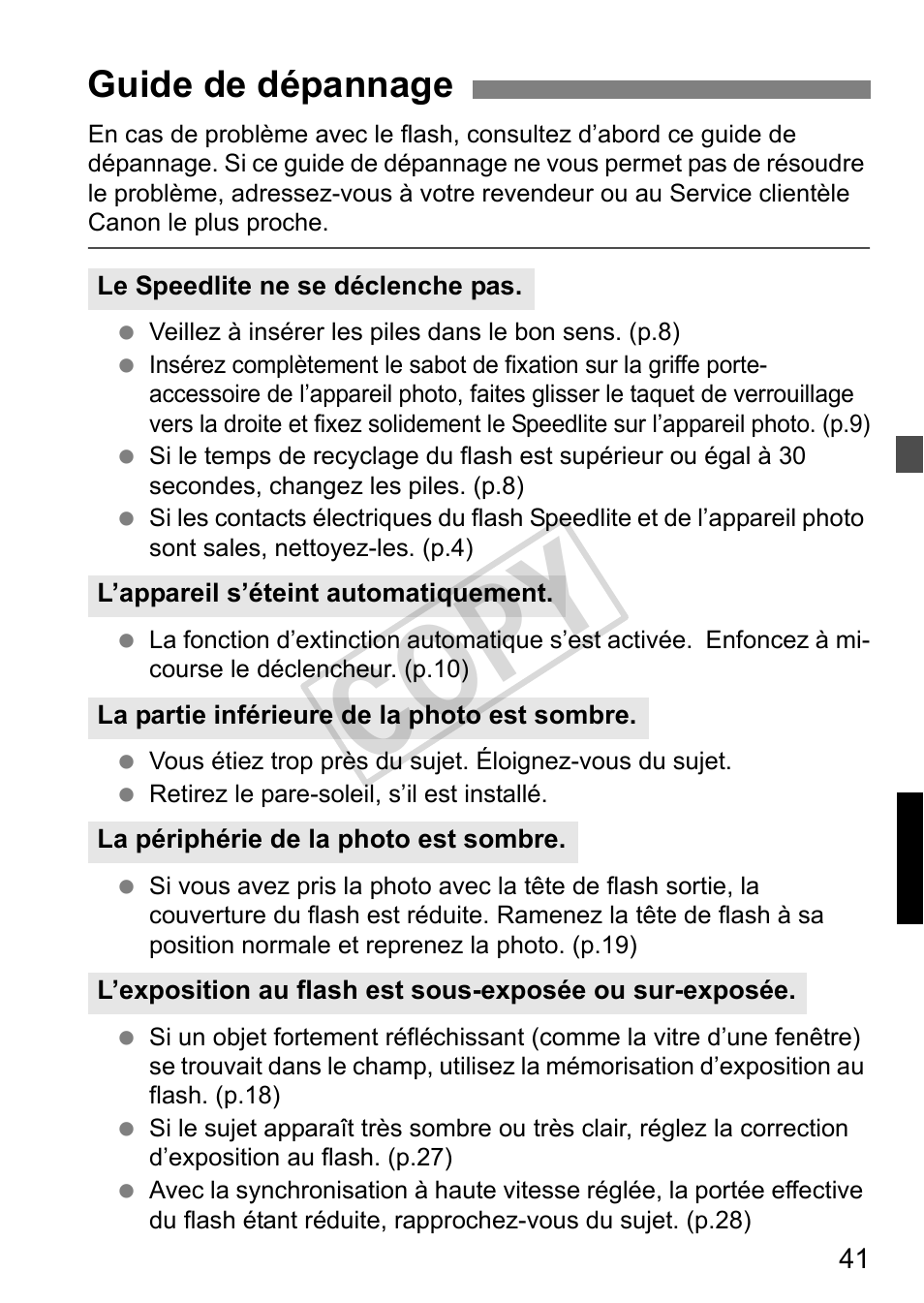 Cop y, Guide de dépannage | Canon Speedlite 320EX User Manual | Page 91 / 148