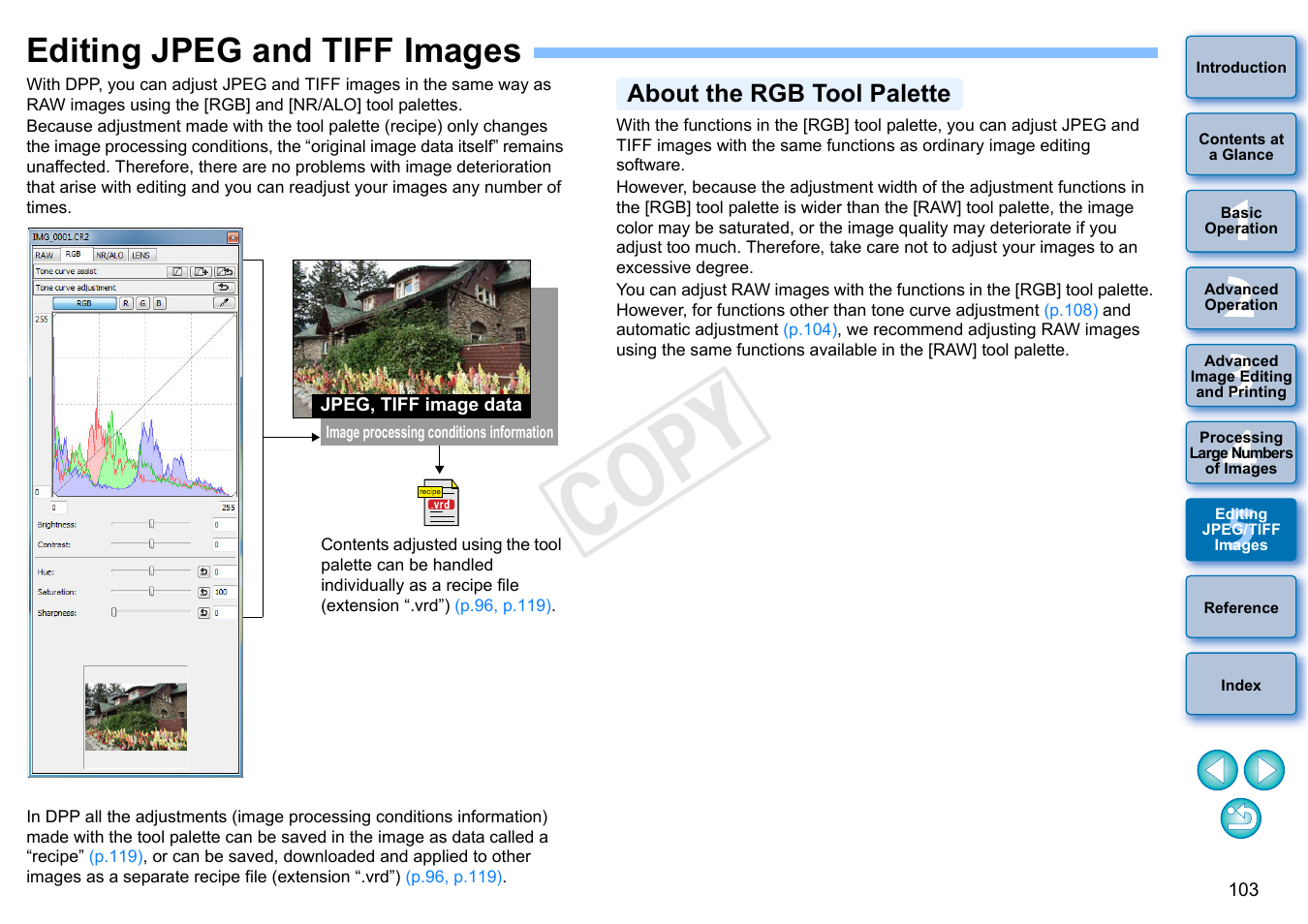 Editing jpeg and tiff images, P.103, P.103) | About the rgb tool palette, Cop y | Canon EOS 60DA User Manual | Page 104 / 150