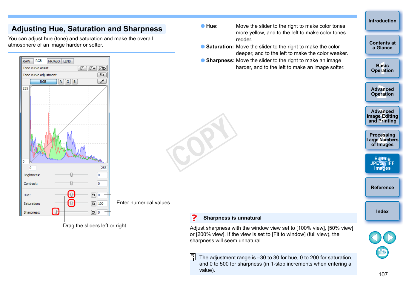 P.107), Adjusting hue, saturation and sharpness, Individually | Cop y | Canon EOS 60DA User Manual | Page 108 / 150