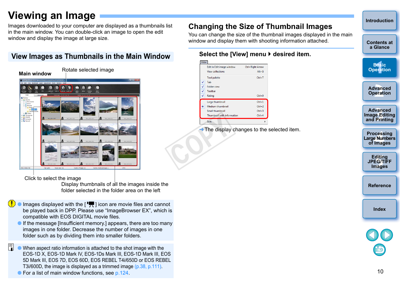 Viewing an image, P.10, View images as thumbnails in the main window | Changing the size of thumbnail images, Cop y | Canon EOS 60DA User Manual | Page 11 / 150