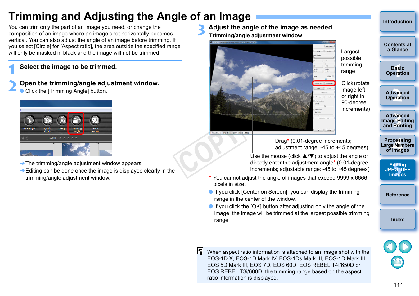 Trimming and adjusting the angle of an image, P.111), P.111 | Cop y | Canon EOS 60DA User Manual | Page 112 / 150