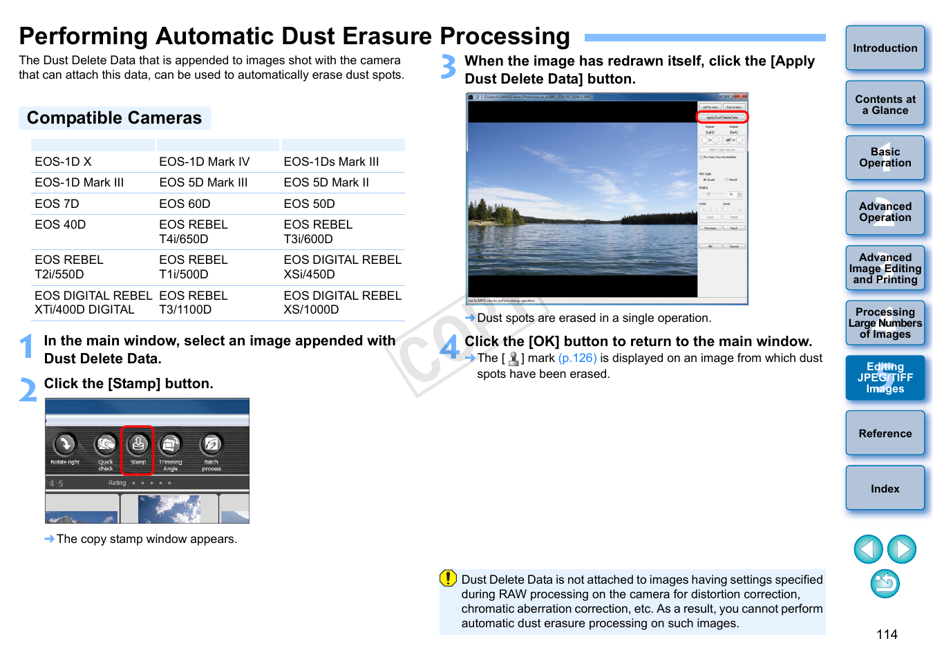 Performing automatic dust erasure processing, P.114, Compatible cameras | Cop y | Canon EOS 60DA User Manual | Page 115 / 150