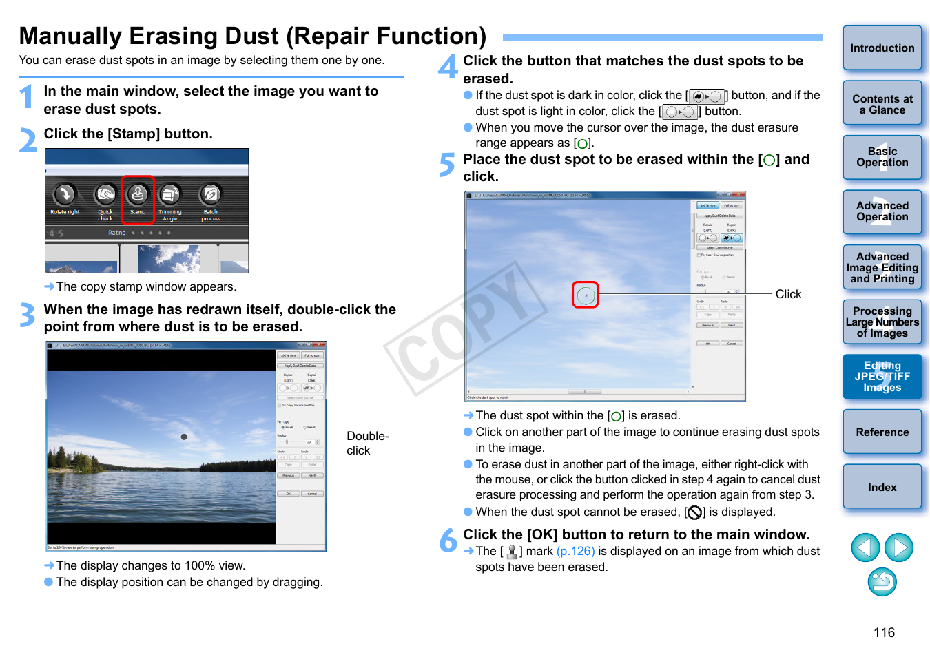 Manually erasing dust (repair function), P.116), Or the | Cop y | Canon EOS 60DA User Manual | Page 117 / 150