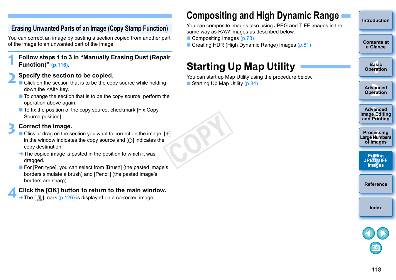 Compositing and high dynamic range, Starting up map utility, To p.118) | P.118), Cop y | Canon EOS 60DA User Manual | Page 119 / 150