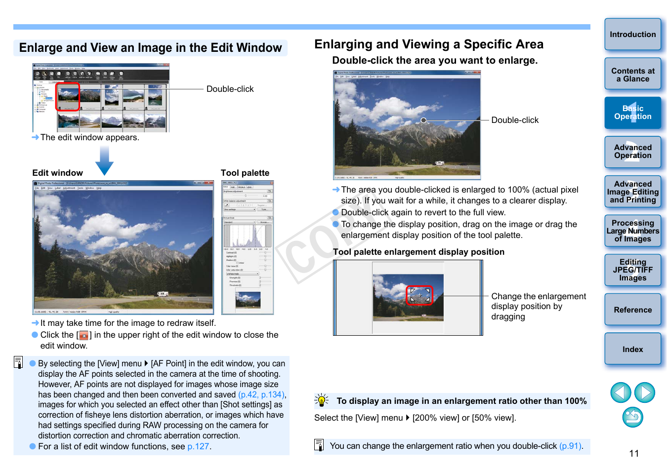 P.11, Enlarge and view an image in the edit window, Enlarging and viewing a specific area | Cop y | Canon EOS 60DA User Manual | Page 12 / 150