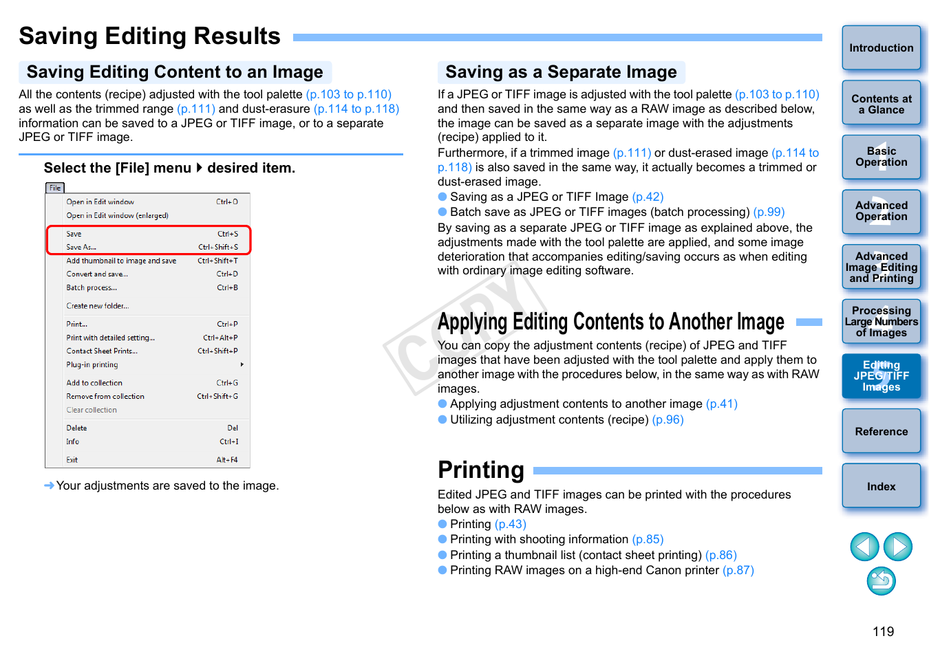 Saving editing results, Applying editing contents to another image, Printing | Saving editing content to an image, Saving as a separate image, P.119), P.119, Te image, Cop y | Canon EOS 60DA User Manual | Page 120 / 150
