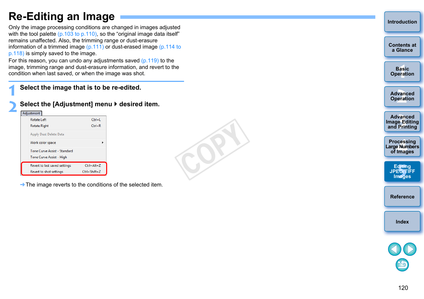 Re-editing an image, P.120), Cop y | Canon EOS 60DA User Manual | Page 121 / 150