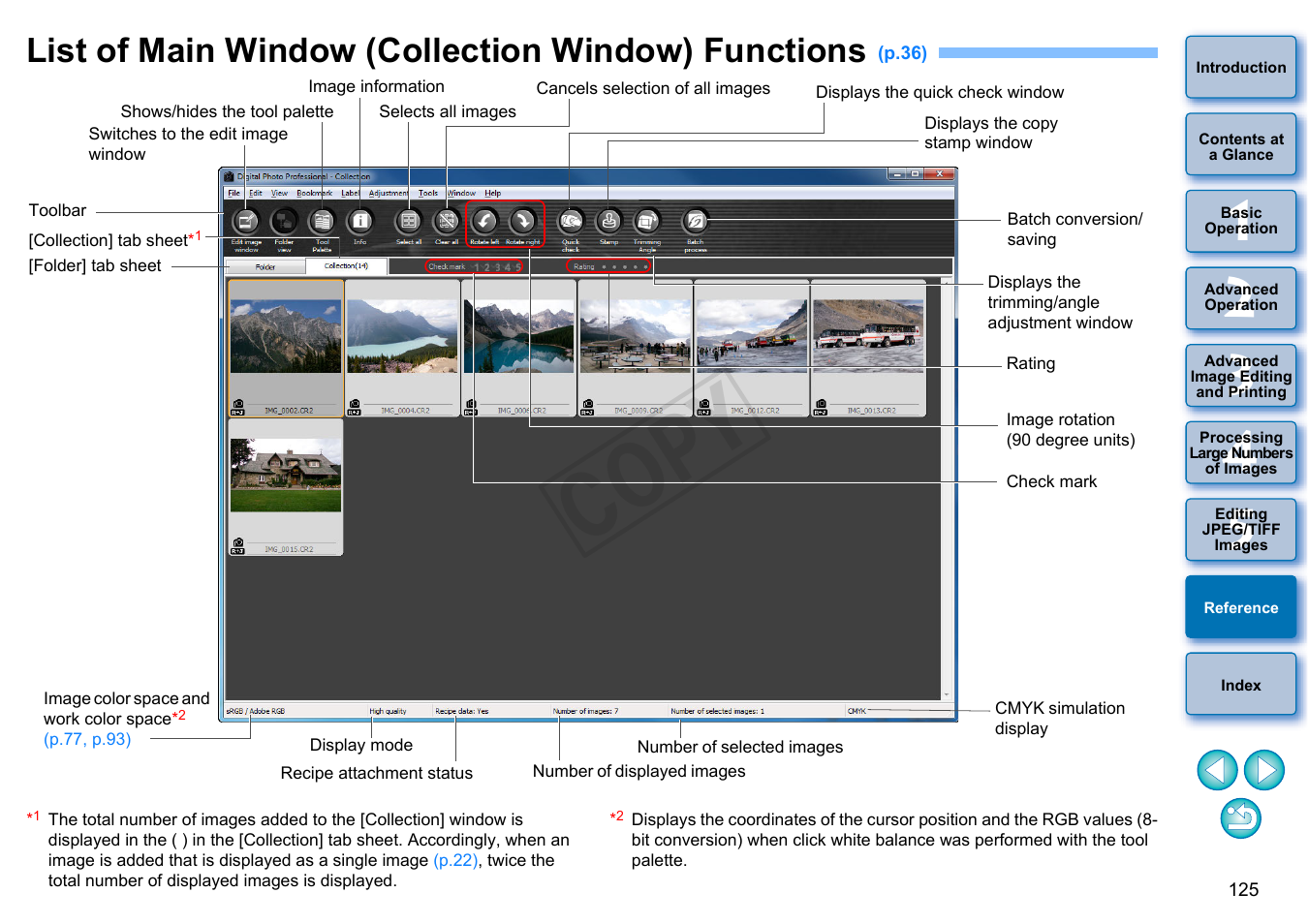 List of main window (collection window) functions, P.125), Cop y | Canon EOS 60DA User Manual | Page 126 / 150