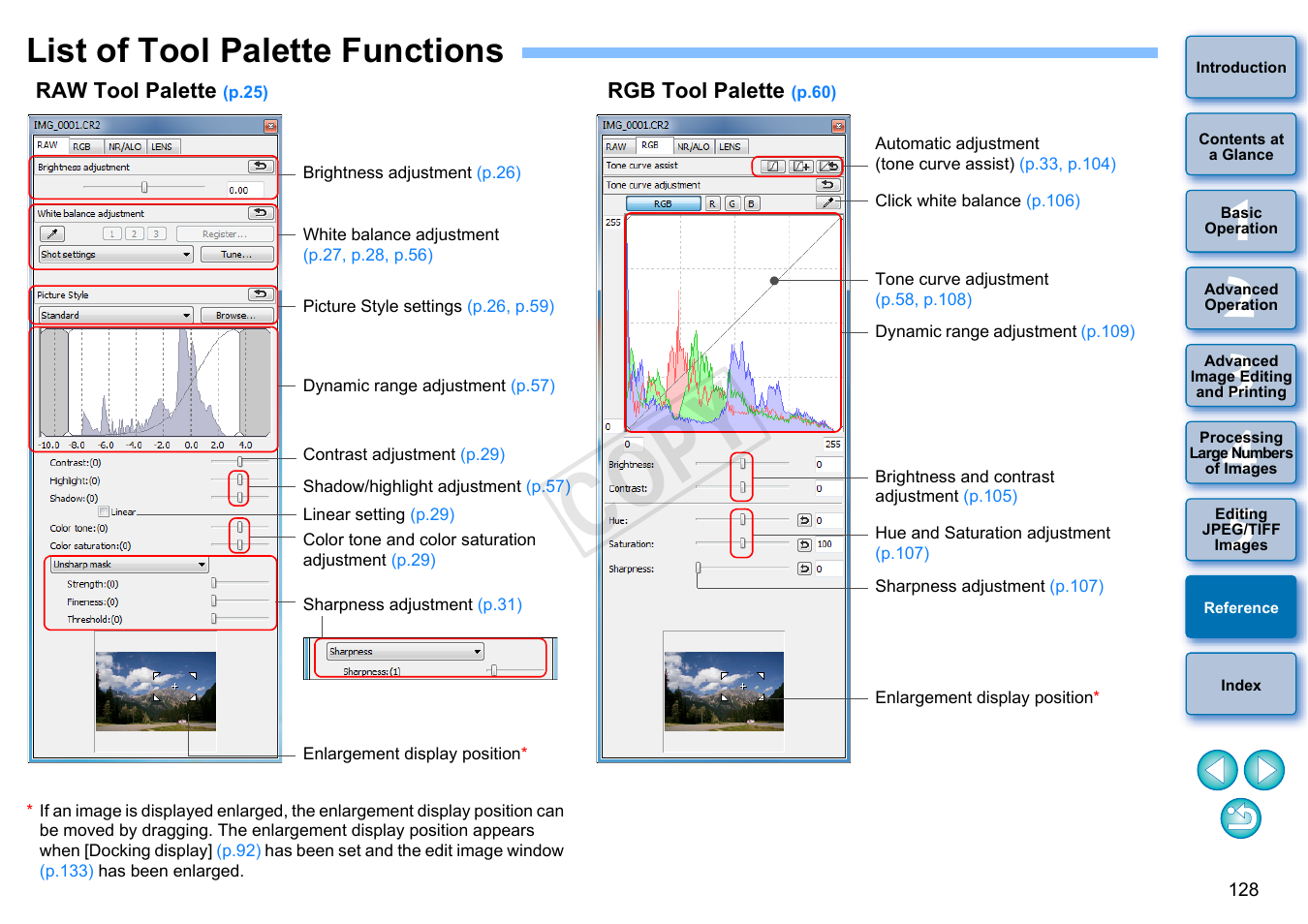 List of tool palette functions, P.128, Sition | P.128), Alette, P.128, p.129, p.130, Cop y | Canon EOS 60DA User Manual | Page 129 / 150