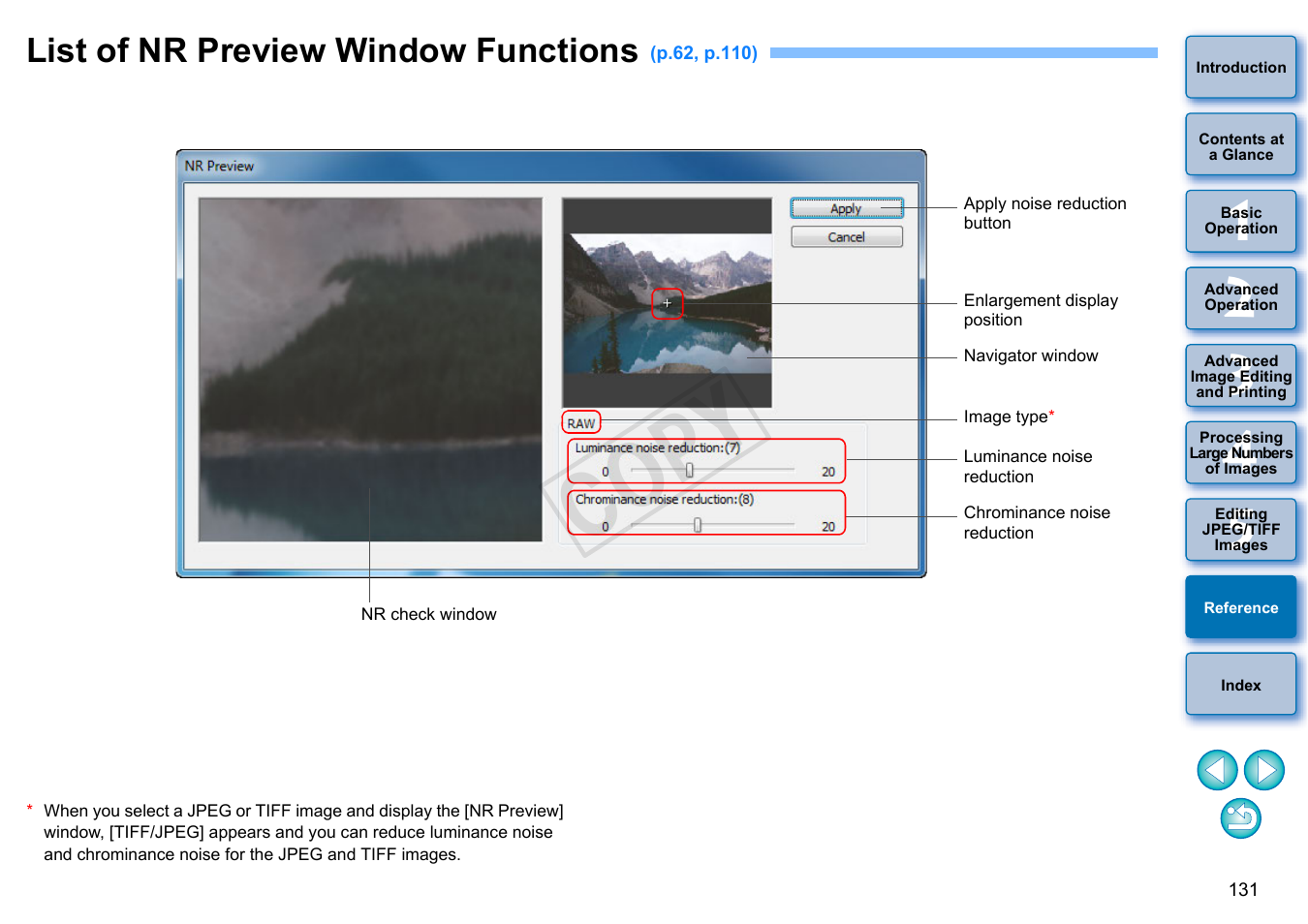List of nr preview window functions, P.131, P.131) | Cop y | Canon EOS 60DA User Manual | Page 132 / 150