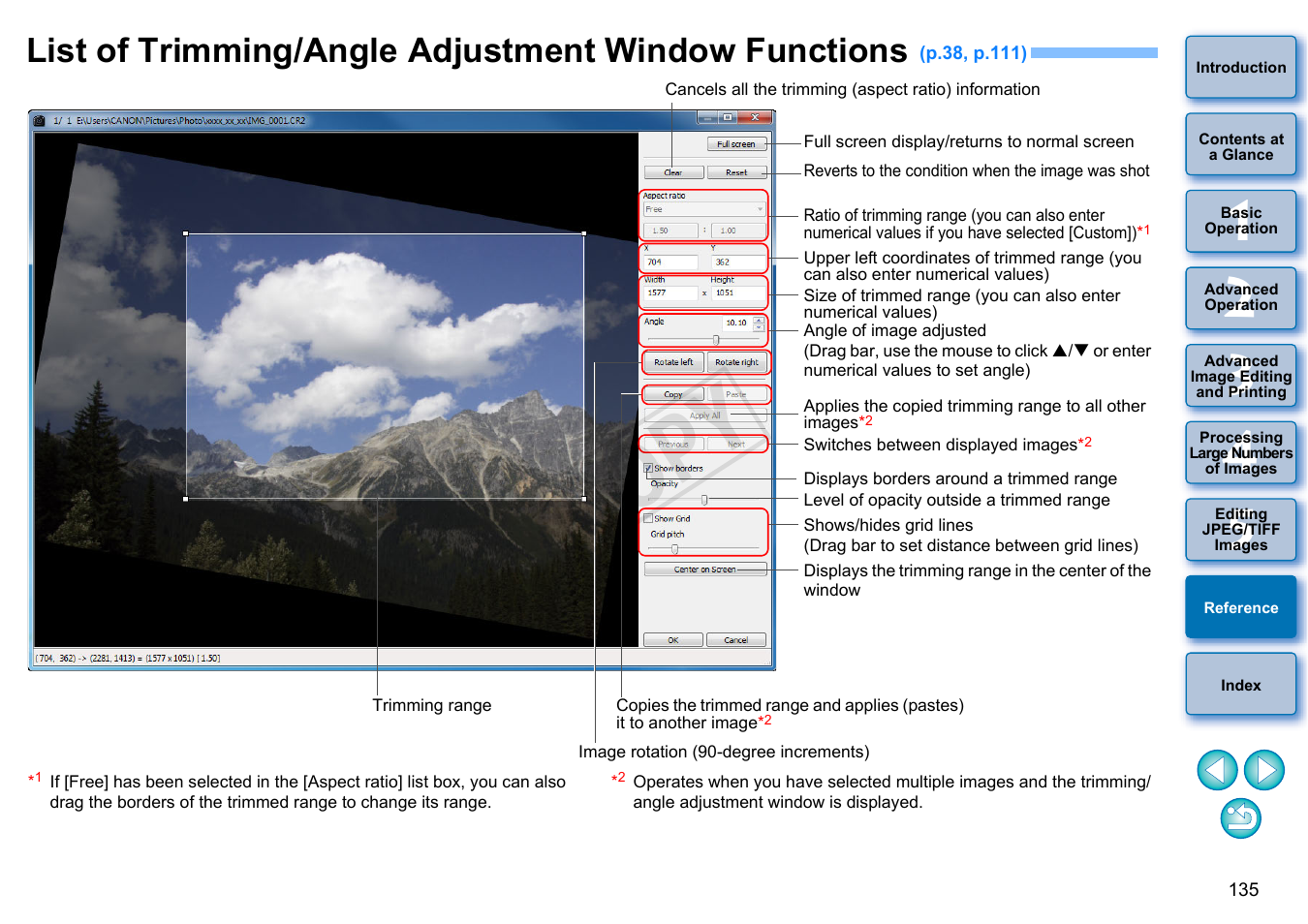List of trimming/angle adjustment window functions, Tton, P.135) | P.135, Cop y | Canon EOS 60DA User Manual | Page 136 / 150