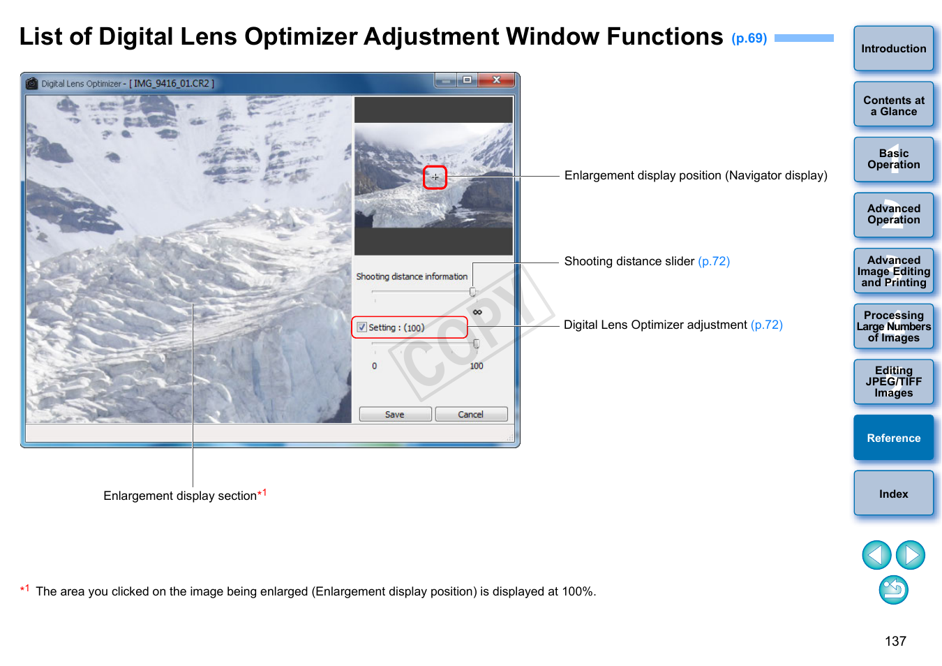 List of digital lens optimizer adjustment window, Functions, Cop y | Canon EOS 60DA User Manual | Page 138 / 150