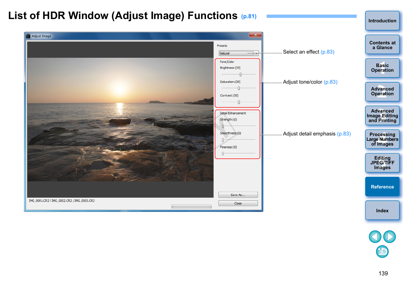 List of hdr window (adjust image) functions, Cop y | Canon EOS 60DA User Manual | Page 140 / 150