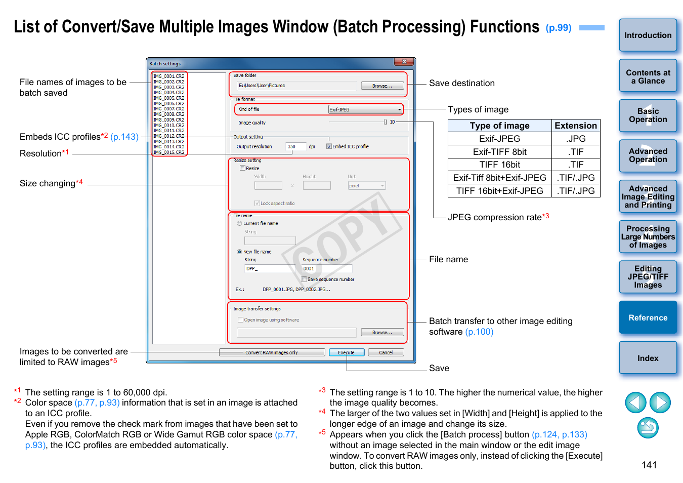 P.141, List of convert/save multiple images window (batch, Processing) functions | Cop y | Canon EOS 60DA User Manual | Page 142 / 150