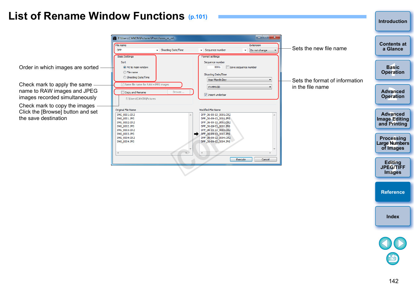 List of rename window functions, P.142), P.142 | Ecify the required settings, Cop y | Canon EOS 60DA User Manual | Page 143 / 150