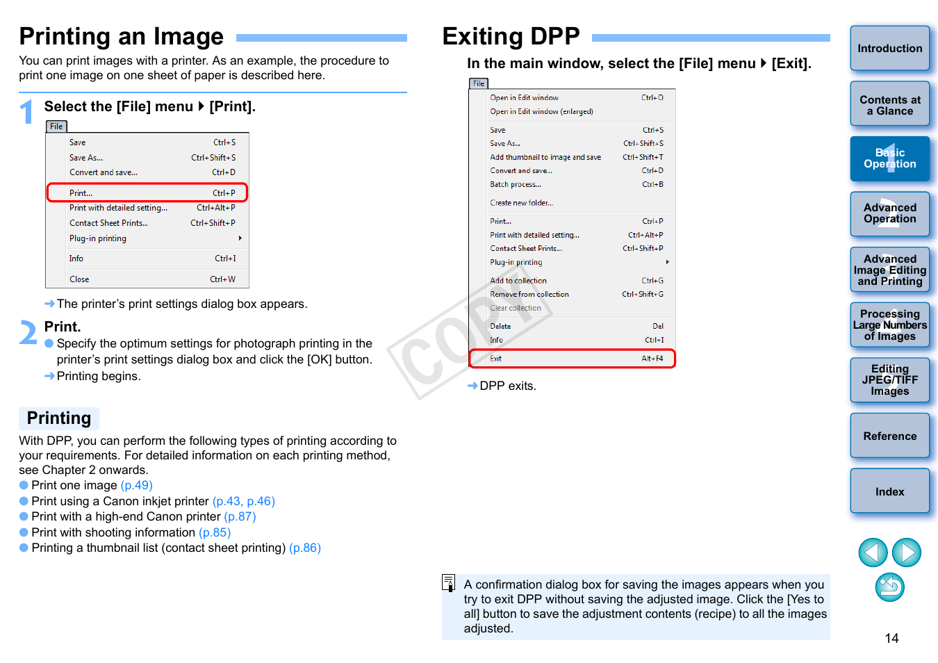 Printing an image, Exiting dpp, Printing | Cop y | Canon EOS 60DA User Manual | Page 15 / 150