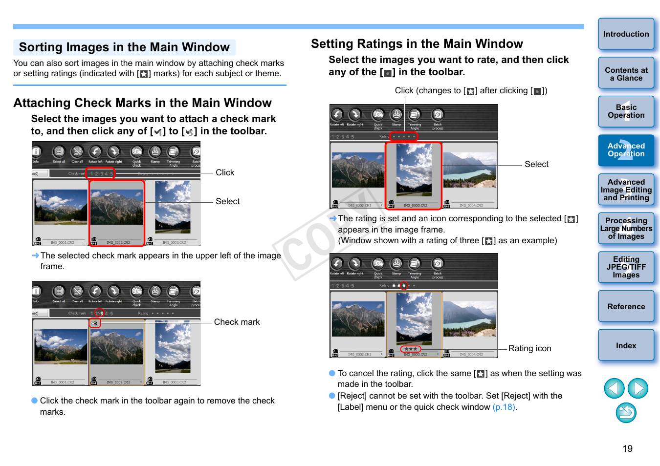 P.19, Sorting images in the main window, Attaching check marks in the main window | Setting ratings in the main window, Cop y | Canon EOS 60DA User Manual | Page 20 / 150