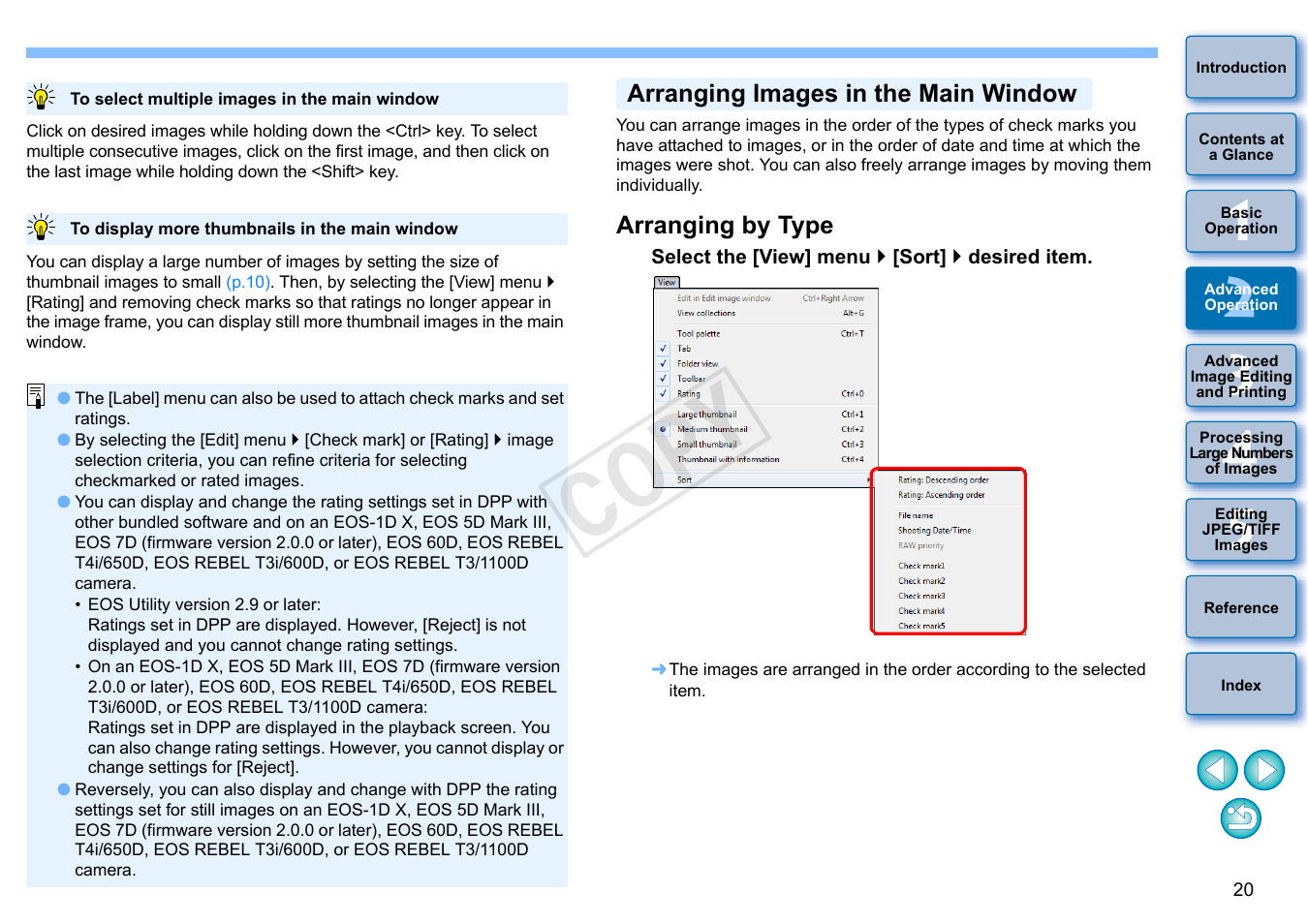 Arranging images in the main window, Arranging by type, Cop y | Canon EOS 60DA User Manual | Page 21 / 150